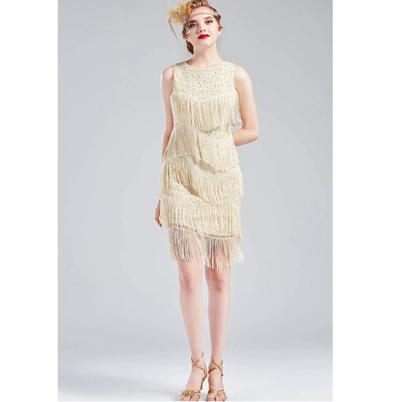 NWT Cream sequin beaded deco flapper dress - Picture 4 of 7